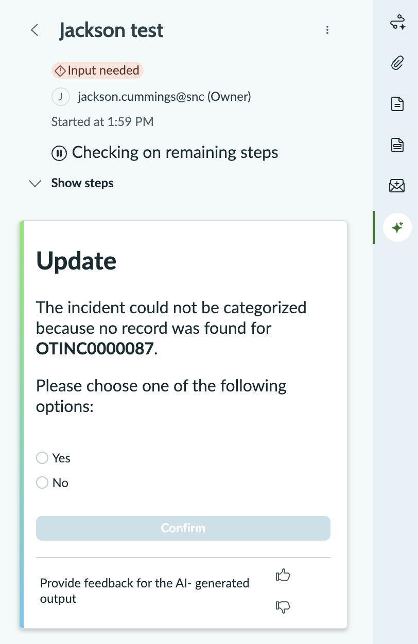 Agentic workflow sidebar, expanded and interactive